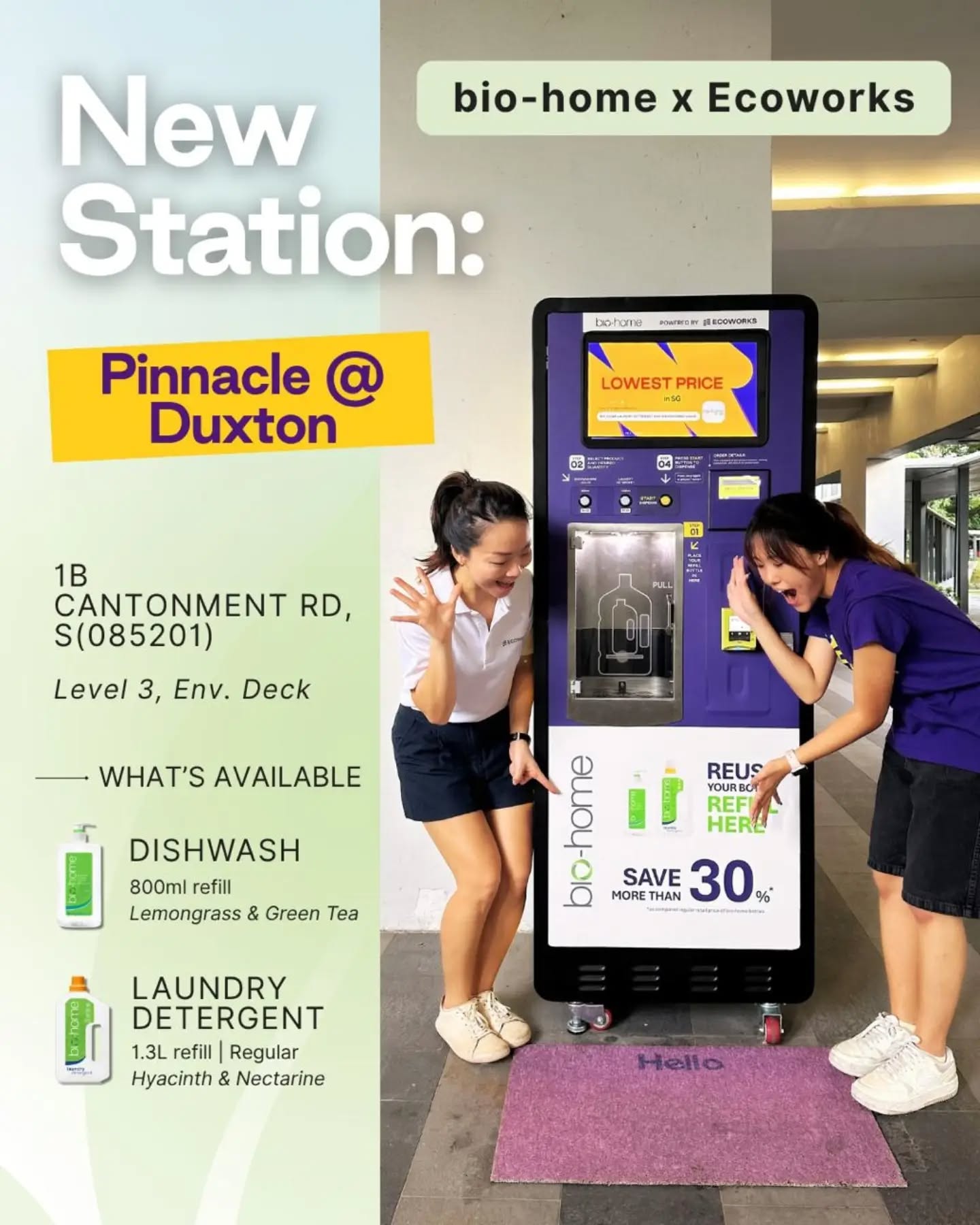 Our first Ecoworks x bio-home refill station available to all at Pinnacle@Duxton! 🎉

Enjoy the convenience of having bio-home’s eco-friendly laundry detergent and dishwashing liquid right in your neighbourhood. Save more than 30%, just bring your own bottle and start refilling!

 #saveplanet #gooddeals #refillnotlandfill #reuse