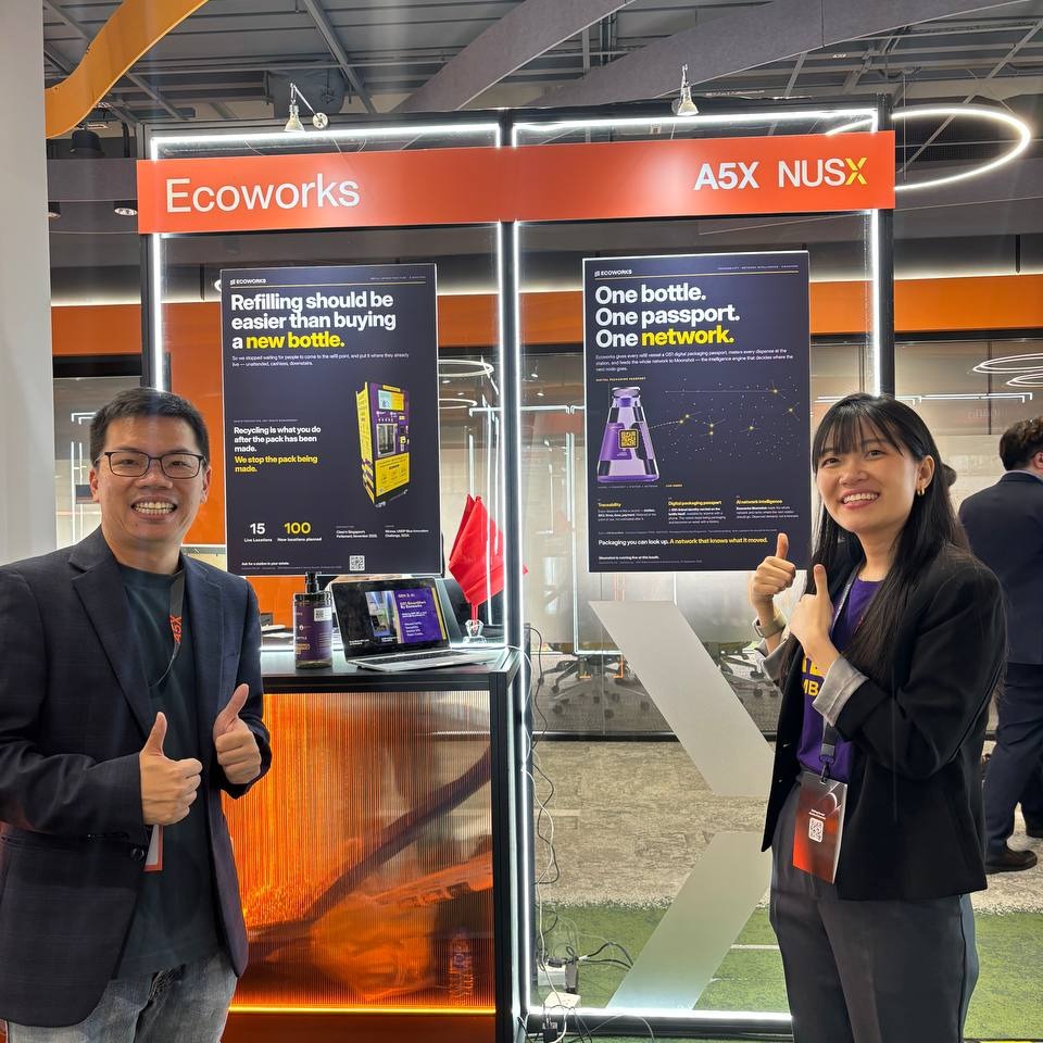 Thank you to NUSX (formerly NUS Enterprise) for featuring Ecoworks at the A5X Innovation Showcase.
A5X was framed around five x-factors — talent, tech, capital, impact and traction — and around the idea that the next decade is built by people willing to work on hard problems.
That is precisely Ecoworks' mission - to reduce single-use plastics and encourage refills of household cleaning products at our stations. Customers bring their own container to a station and fill it, rather than buying a new bottle each time. The idea is upstream reuse: avoiding the packaging rather than recycling it afterwards.
We came to the showcase to talk about the less visible half of that - applying AI to improve operational efficiency. Ecoworks envision to give every refill vessel a GS1 digital packaging passport, which can record data such as the product, volume, time and payment. This data feeds into Moonshot, our in-house intelligence engine, which helps us work out where the next station should go and how to plan the week's refill runs.
One of NUSX's core missions is to deliver solutions through innovations that positively impact 1 billion people, and we are proud to be working alongside NUSX to achieve it.
Thanks again to the team behind A5X, and congratulations on the NUSX launch 🎉